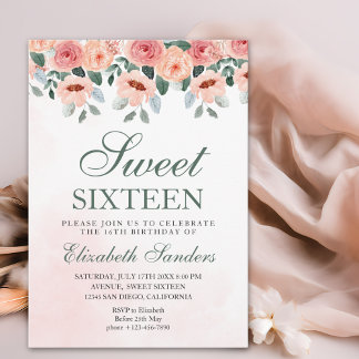 Sweet Sixteen with Watercolor Pink Flowers Einladung