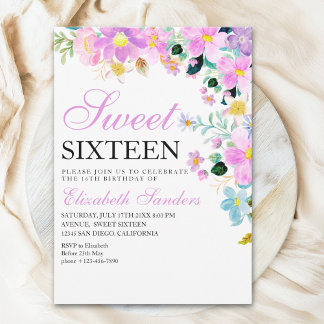Sweet Sixteen with Watercolor Spring Flowers Einladung