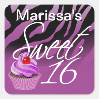 Sweet Sixteen Zebra Cupcake Party Quadratischer Aufkleber
