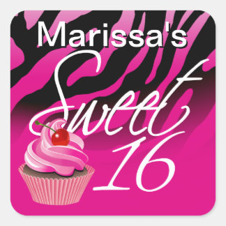 Sweet Sixteen Zebra Cupcake Party Quadratischer Aufkleber