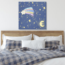 Sweet Sleep Moon & Stars Illustration Denim Blue Leinwanddruck