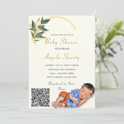 Sweet Sleeping Baby QR Code Dusche Einladung (Stehend Vorderseite)