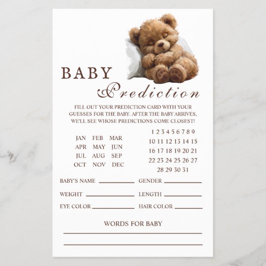 Sweet Sleeping Teddy Bear Baby Predictions Card Flyer (Vorne)