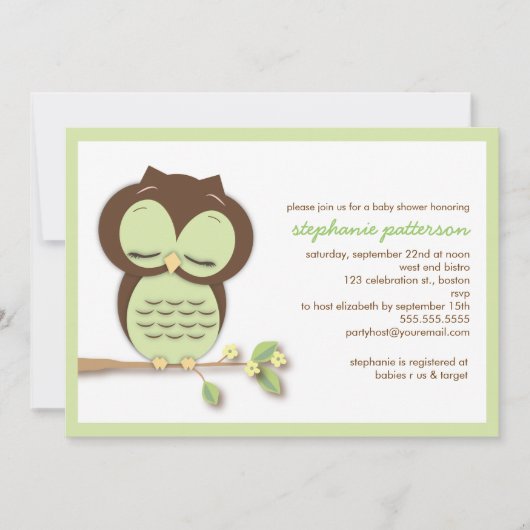 Sweet Sleepy Green Owl Neutral Baby Dusche Einladung (Vorderseite)