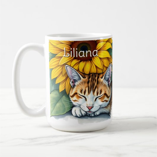 Sweet Sleepy Kitty Cat and Sunflowers Personalized Kaffeetasse (Links)