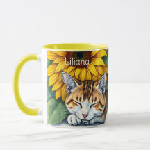 Sweet Sleepy Kitty Cat and Sunflowers Personalized