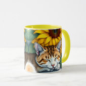 Sweet Sleepy Kitty Cat and Sunflowers Personalized Tasse (VorderseiteRechts)