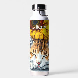 Sweet Sleepy Kitty Cat and Sunflowers Personalized Trinkflasche