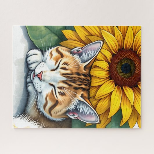 Sweet Sleepy Kitty Cat and Sunflowers Puzzle (Horizontal)