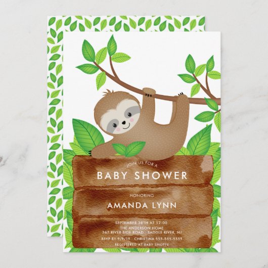 Sweet Sloth Baby Dusche Einladung (Vorne/Hinten)