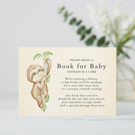 Sweet Sloth Baby Shower Book for Baby Card Begleitkarte (Stehend Vorderseite)