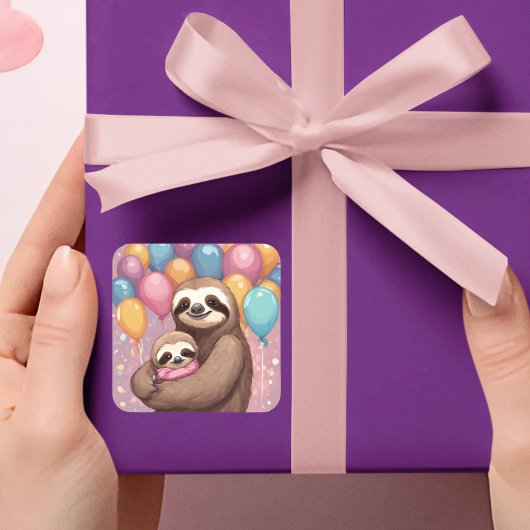 Sweet Sloth Baby Shower Girl Pink Balloons Quadratischer Aufkleber