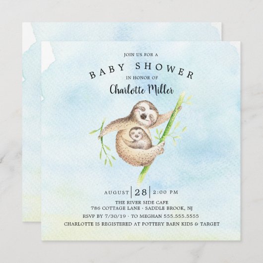 Sweet Sloth Boys Baby Dusche Einladung (Vorne/Hinten)