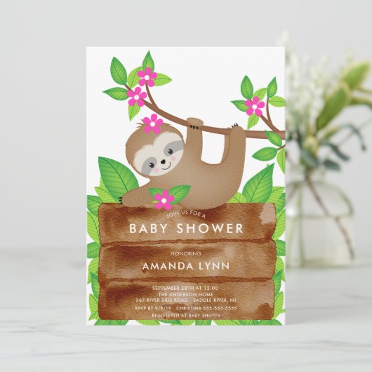 Sweet Sloth Girls Babydusche Einladung (Stehend Vorderseite)