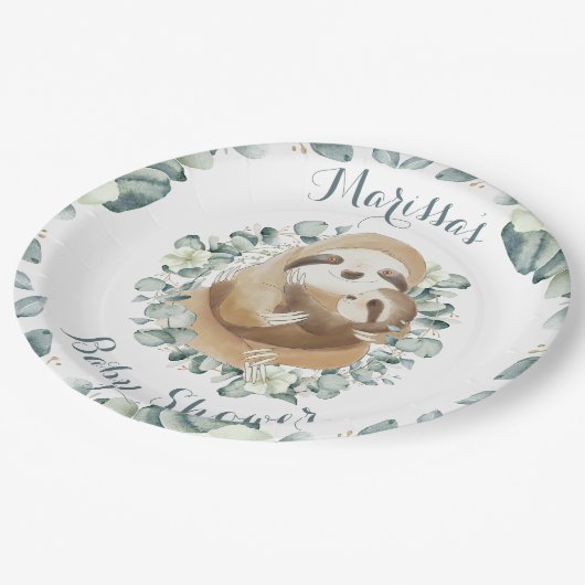 Sweet Sloth Mommy Hug Eucalyptus Baby Showdusche Pappteller (Schrägansicht)