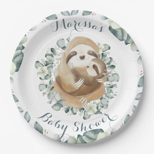Sweet Sloth Mommy Hug Eucalyptus Baby Showdusche Pappteller (Vorderseite)