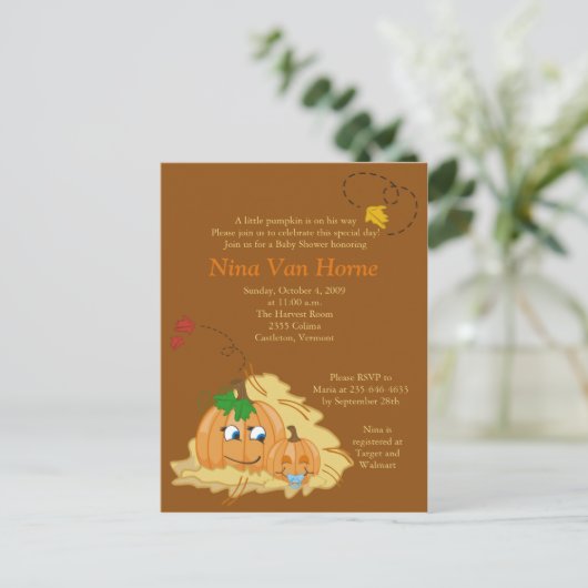 Sweet small Pumpkin Fall Baby Dusche Einladung (Stehend Vorderseite)