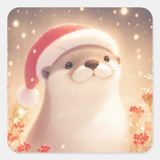 Sweet Smiling Otter in Santa Hat with Red Berries Quadratischer Aufkleber (Vorderseite)