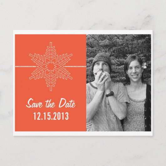 Sweet Snowflake Save the Date Postcard, Orange Ankündigungspostkarte (Vorderseite)