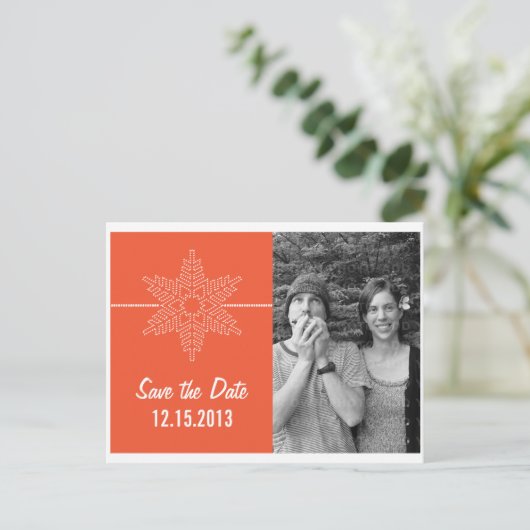 Sweet Snowflake Save the Date Postcard, Orange Ankündigungspostkarte (Stehend Vorderseite)