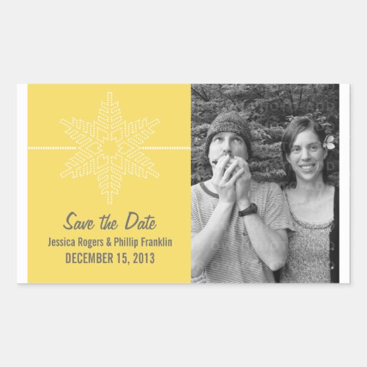 Sweet Snowflake Save the Date Stickers, Gelb Rechteckiger Aufkleber (Vorderseite)