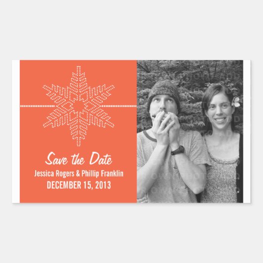 Sweet Snowflake Save the Date Stickers, Orange Rechteckiger Aufkleber (Vorderseite)
