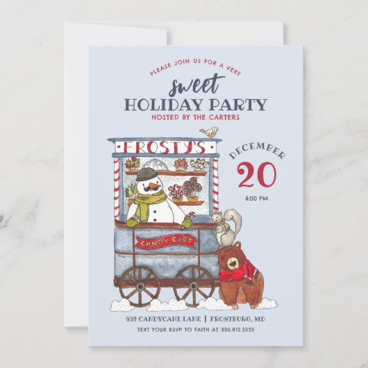 Sweet Snowman Candy Cart Watercolor Holiday Party Einladung (Vorderseite)