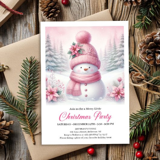 Sweet Snowy Forest Pink Snowman Editable Christmas Einladung