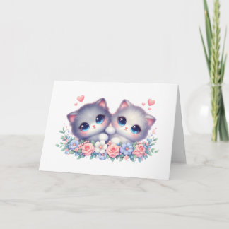 Sweet Snuggly Kitten Duo Floral Blank Greeting Karte