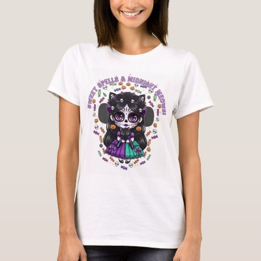 Sweet Spells & Midnight Meows – Catrina Kawaii de  T-Shirt (Vorderseite)
