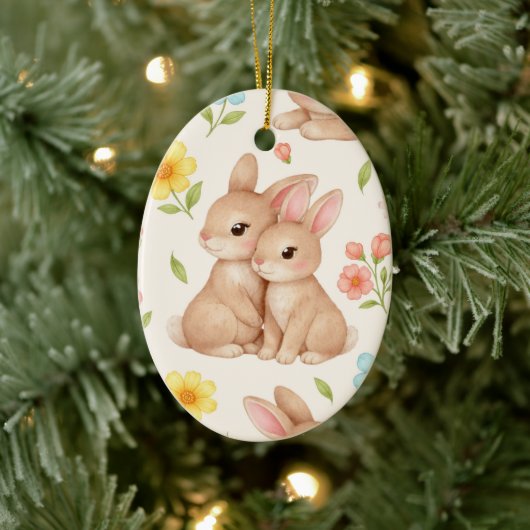 Sweet Spring Bunnies & Floral Garden Pattern Keramik Ornament (Baum)