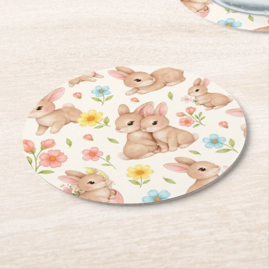 Sweet Spring Bunnies & Floral Garden Pattern Runder Pappuntersetzer (Angewinkelt)