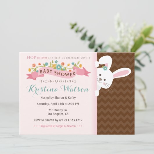 Sweet Spring Bunny Girl Baby Shower Einladung (Stehend Vorderseite)