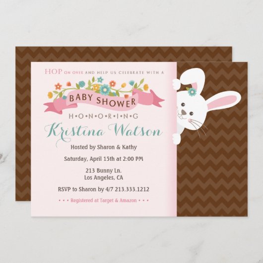 Sweet Spring Bunny Girl Baby Shower Einladung (Vorne/Hinten)
