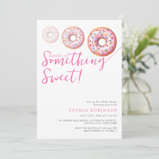 Sweet Sprinkle Donuts Moderne Girl Baby Dusche Einladung (Stehend Vorderseite)