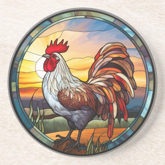 Sweet Stated Glass Chickens Rooster und Sunrise Getränkeuntersetzer (Vorne)