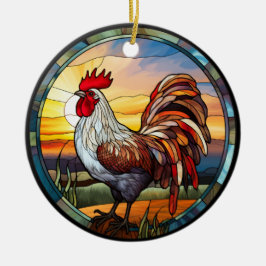 Sweet Stated Glass Chickens Rooster und Sunrise Keramik Ornament