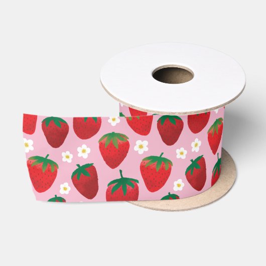 Sweet Strawberries Muster auf rosa Satinband (Spule)