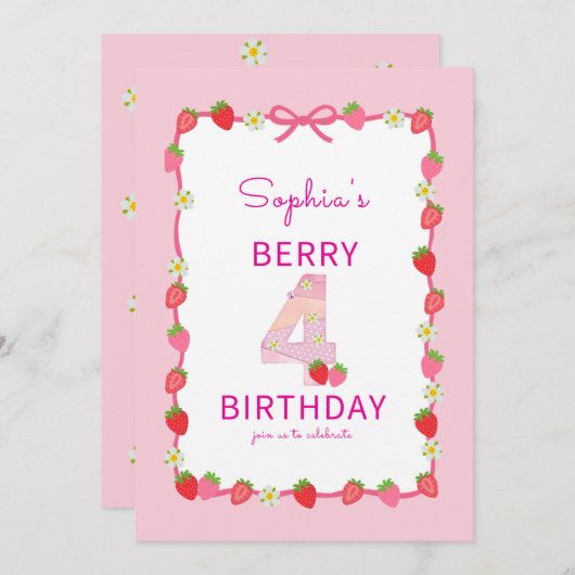 Sweet Strawberry 4. Geburtstag Einladung (Vorne/Hinten)