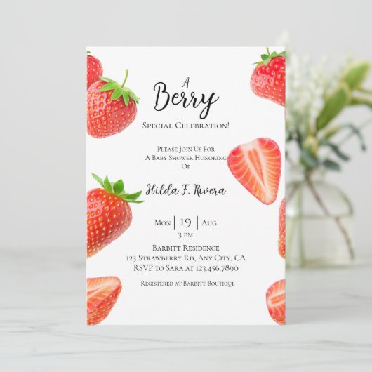 Sweet Strawberry Baby Dusche Einladung (Stehend Vorderseite)