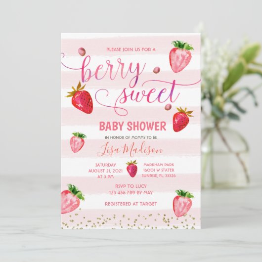 Sweet Strawberry Baby Dusche Einladung (Stehend Vorderseite)