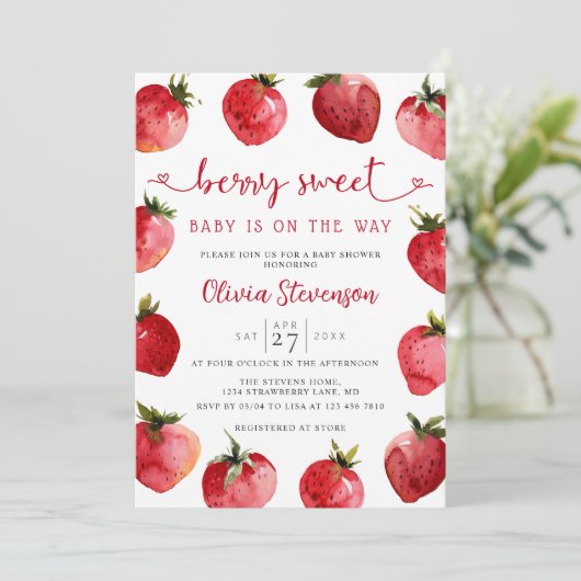 Sweet Strawberry Baby Dusche Einladung | Berry (Stehend Vorderseite)