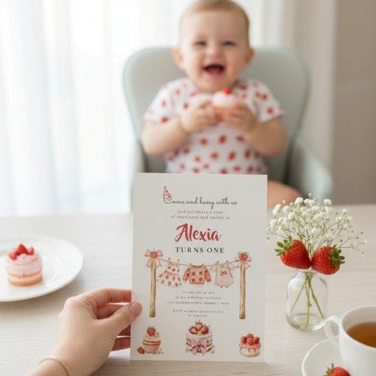 Sweet Strawberry First Birthday Outfit Clothesline Einladung