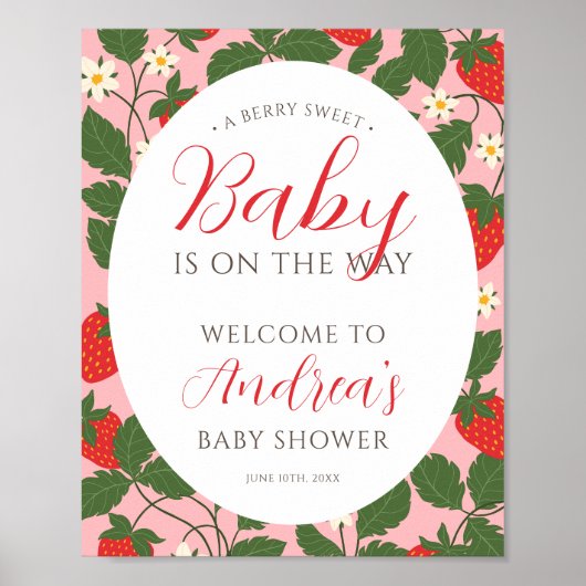 Sweet Strawberry Floral Girl Baby Dusche Willkomme Poster (Vorne)