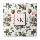 Sweet Strawberry & Floral Muster Custom Monogram Fliese (Vorderseite)