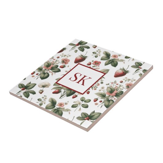 Sweet Strawberry & Floral Muster Custom Monogram Fliese (Seite)