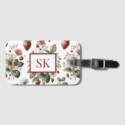 Sweet Strawberry & Floral Muster Custom Monogram Gepäckanhänger (Vorderseite (Horizontal))