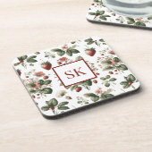 Sweet Strawberry & Floral Muster Custom Monogram Getränkeuntersetzer (Linke Seite)