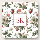 Sweet Strawberry & Floral Muster Custom Monogram Getränkeuntersetzer (Vorderseite)