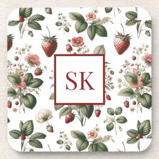 Sweet Strawberry & Floral Muster Custom Monogram Getränkeuntersetzer (Vorderseite)